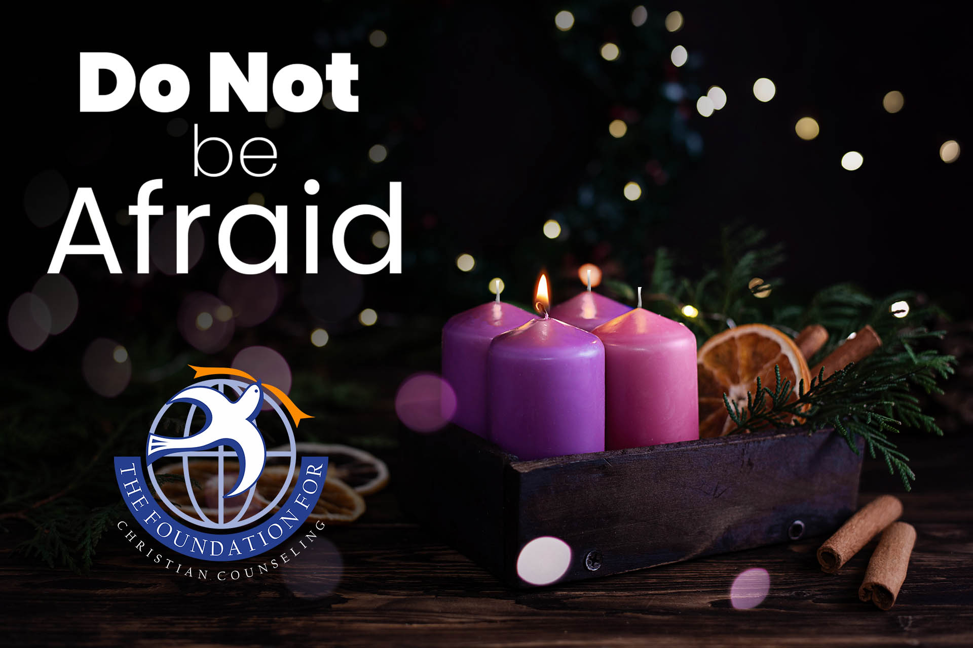 Four purple burning advent candles, Christmas eve.